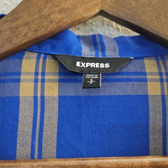 Express Wrap Front Blouse Womens Size SP Blue Yellow Plaid V-neck Flutter Sleeve - Picture 6 of 7